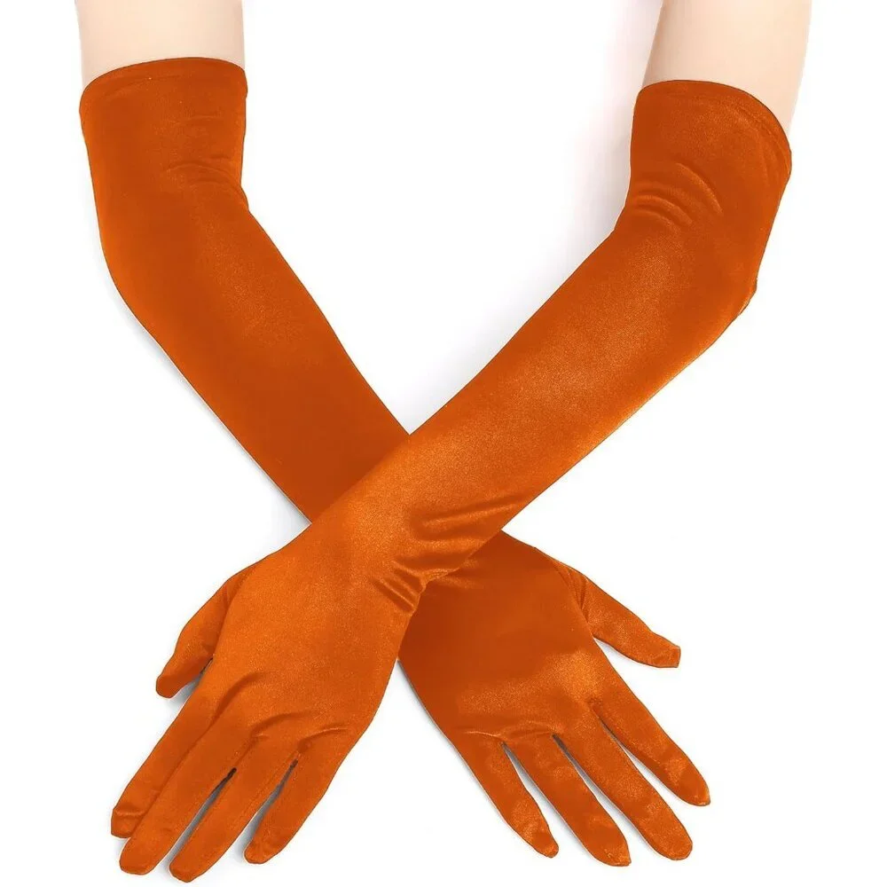 Women's Smooth Orange Long Satin Gloves Elbow Length Party Costume Accessory